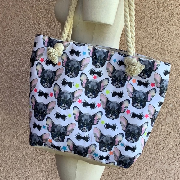 Frenchie floating head tote beach bag everyday bag black white pink - Picture 2 of 7